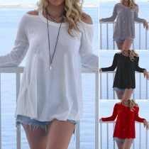 Casual Style Solid Color Cold Shoulder Long Sleeve T-shirt