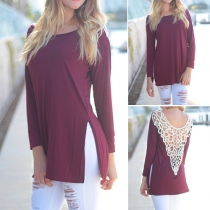 Fashion Round Neck Long Sleeve Lace Hollow Out Slit Hem T-shirt