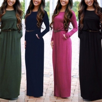 Elegant Solid Color Round Neck Long Sleeve Gathered Waist Maxi Dress