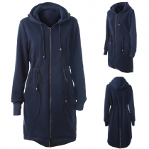 Casual Style Solid Color Hooded Long Sleeve Drawstring Waist Coat For Women