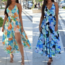 Sexy Printed Round Neck Sleeveless Irregular Hem Gathered Waist Maxi Dress