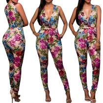 Sexy Deep V-neck Sleeveless Printed High Waist Jumpsuit