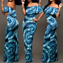 Sexy Off Shoulder Backless Printed Ruffle Bodycon Maxi Dress