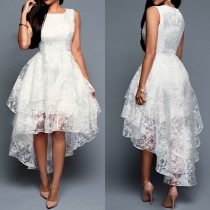 Elegant Solid Color Round Neck Sleeveless Layered High-low Dress(It falls small)
