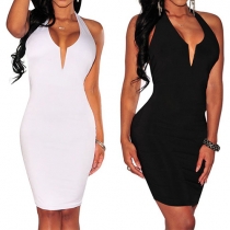 Sexy Solid Color Deep V-neck Backless Sleeveless Halter Dress
