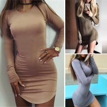 Sexy Solid Color Round Neck Long Sleeve Irregular Hem Bodycon Dress