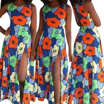 Trendy Printed Round Neck Sleeveless Back Keyhole Split Hem Maxi Dress