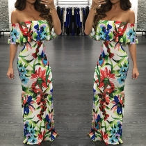 Sexy Printed Off Shoulder Backless Ruffle Maxi Dress