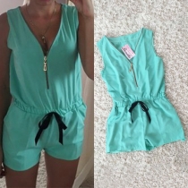 Sweet Solid Color Zipper V-neck Sleeveless Drawstring Waist Romper
