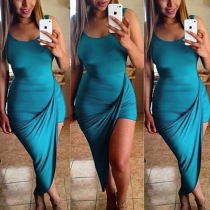 Sexy Solid Color Sleeveless Low-cut Irregular Hemline Dress