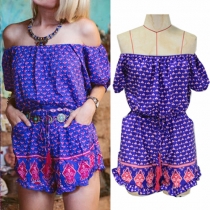Sweet Printed Off Shoulder Backless Gathered Waist Romper