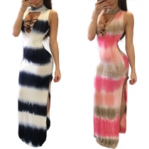 Sexy Mock Neck Sleeveless Printed Hollow Out Slit Hem Maxi Dress