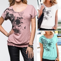 Casual Style Printed Round Neck Short Sleeve T-shirt