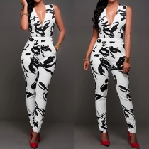 Sexy Printed Deep V-neck Sleeveless Gathered Waist Jumpsuit