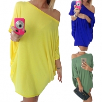 Fashion Solid Color Oblique Shoulder Bat Sleeve Dress