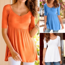 Fashion Solid Color Crinkle V-neck Half Sleeve Tops