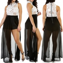 Elegant Collar Sleeveless Hollow Out Lace Spliced Skort Maxi Dress