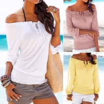 Trendy Solid Color Off Shoulder Long Sleeve Ribbed Hemline Tops