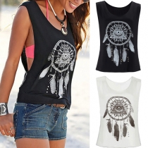 Fashion Printed Rhinestone Round Neck Sleeveless T-shirt