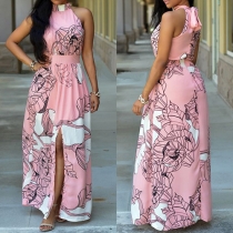 Elegant Printed Mock Neck Sleeveless Gathered Waist Slit Hem Maxi Dress