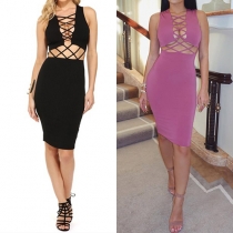 Sexy Solid Color Sleeveless Hollow Out Bodycon Dress