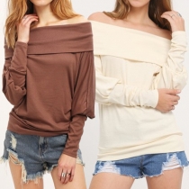 Sexy Solid Color Off Shoulder Bat Long Sleeve Tops