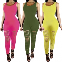 Sexy Solid Color Round Neck Sleeveless Backless Hollow Out Jumpsuit