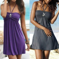 Sexy Solid Color Backless Strapless Crinkle Halter Dress