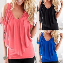 Sexy Solid Color Chiffon Spliced V-neck Cold Shoulder Tops