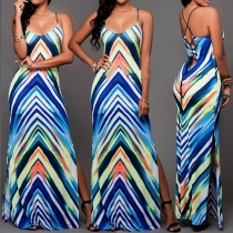 Sexy Colorful Stripes Printed V-neck Hollow Out Slit Hem Sling Maxi Dress