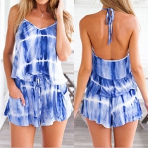 Sweet Printed V-neck Backless Sleeveless Tops and Drawstring Waist Shorts Two-piece Set