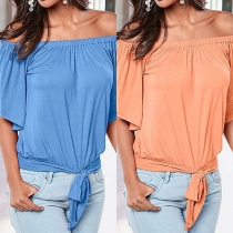 Fashion Solid Color Off Shoulder Knotted Bat Sleeve T-shirt