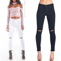 Fashion Solid Color High Waist Ripped Skinny Denim Pants