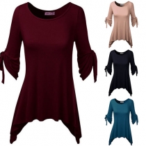 Casual Style Solid Color Round Neck Half Sleeve Irregular Hemline T-shirt