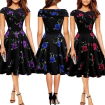 Retro Style Flowers Printed Boat Neck Swing Dress