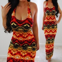 Sexy Printed Round Neck Backless Sleeveless Halter Maxi Dress