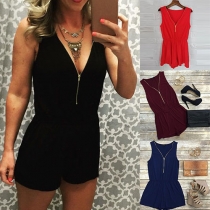 Sexy Solid Color Zipper V-neck Sleeveless Elastic Waist Romper