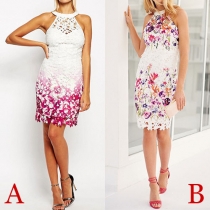 Sexy Contrast Color Round Neck Sleeveless Printed Hollow Out Dress