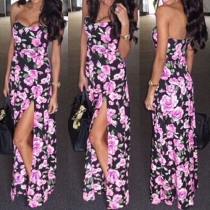 Sexy Floral Printed Strapless Backless Slit Hem Maxi Dress