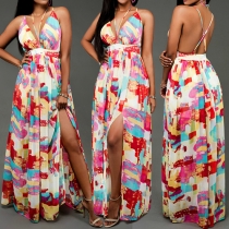 Sexy Printed Backless Sleeveless Slit Hem Halter Maxi Dress