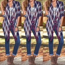 Fashion Lattice Printed Tassel Button-tab Sleeve Irregular Hemline Cardigan