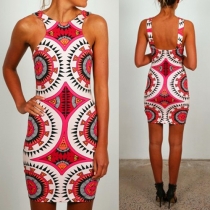 Sexy Printed Round Neck Sleeveless Backless Sling Dress
