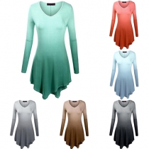Stylish Color Gradient V-neck Long Sleeve Irregular Hemline Tops