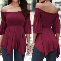 Sexy Solid Color Off Shoulder Bell Sleeve Irregular Hemline Tops