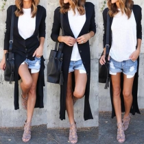 Trendy Solid Color V-neck Long Sleeve Button Down Long Coat