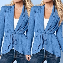 Fashion Solid Color Long Sleeve Drawstring Waist Cardigan