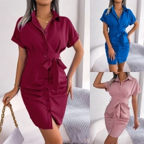 Stylish Solid Color Lapel Cold Shoulder Half Sleeve Gathered Waist Blouse Dress