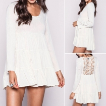 Sexy Solid Color U-neck Long Sleeve Hollow Out Loose-fitting Dress