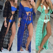 Sexy Solid Color Eyelash Lace Hollow Out Long Sleeve Smock