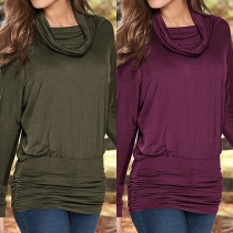 Stylish Solid Color Scarf Collar Long Sleeve Crinkle Hem Tops